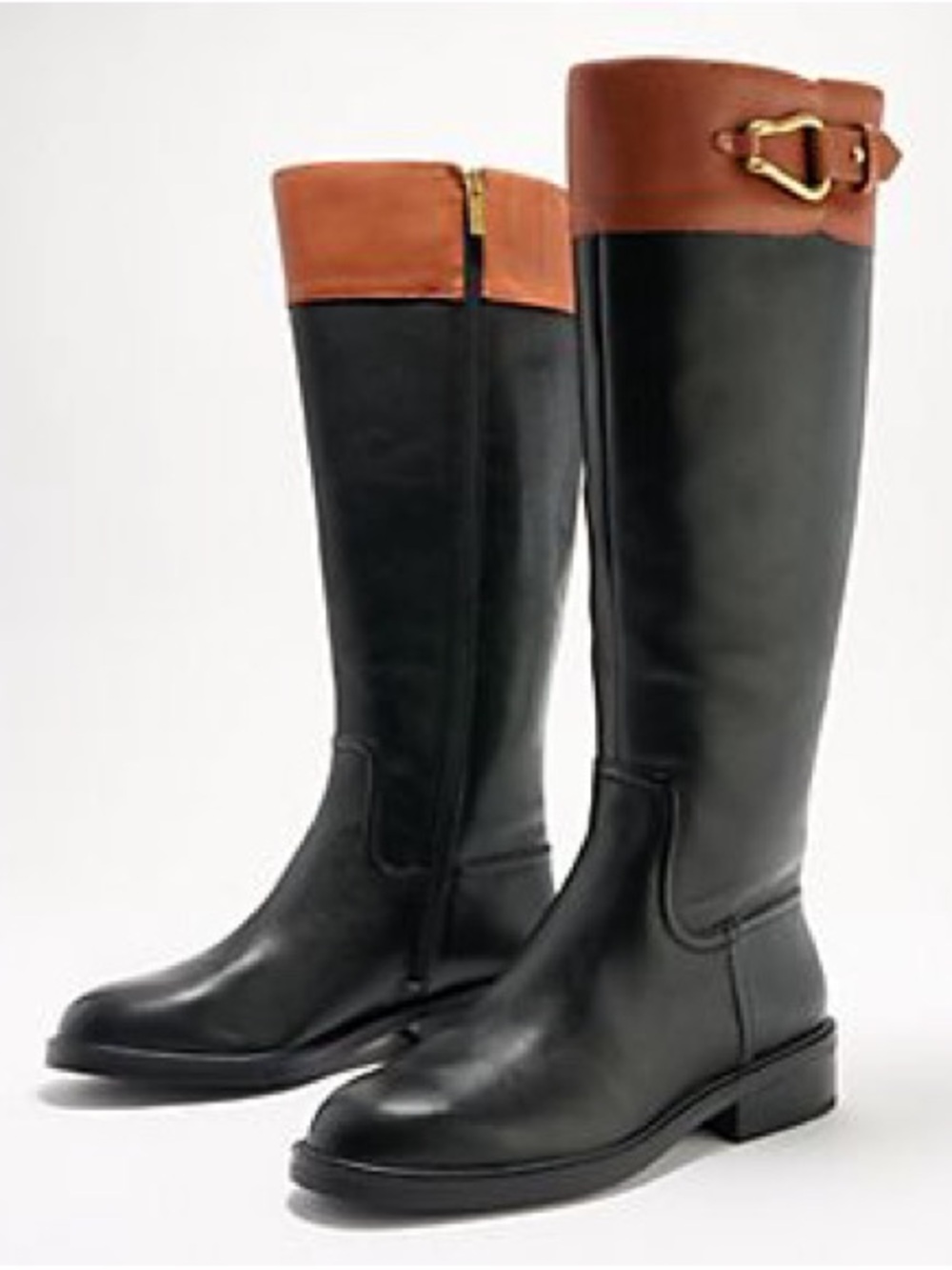 Vince Camuto Black Leather Knee High Boots with Brown Cuff gold hardware